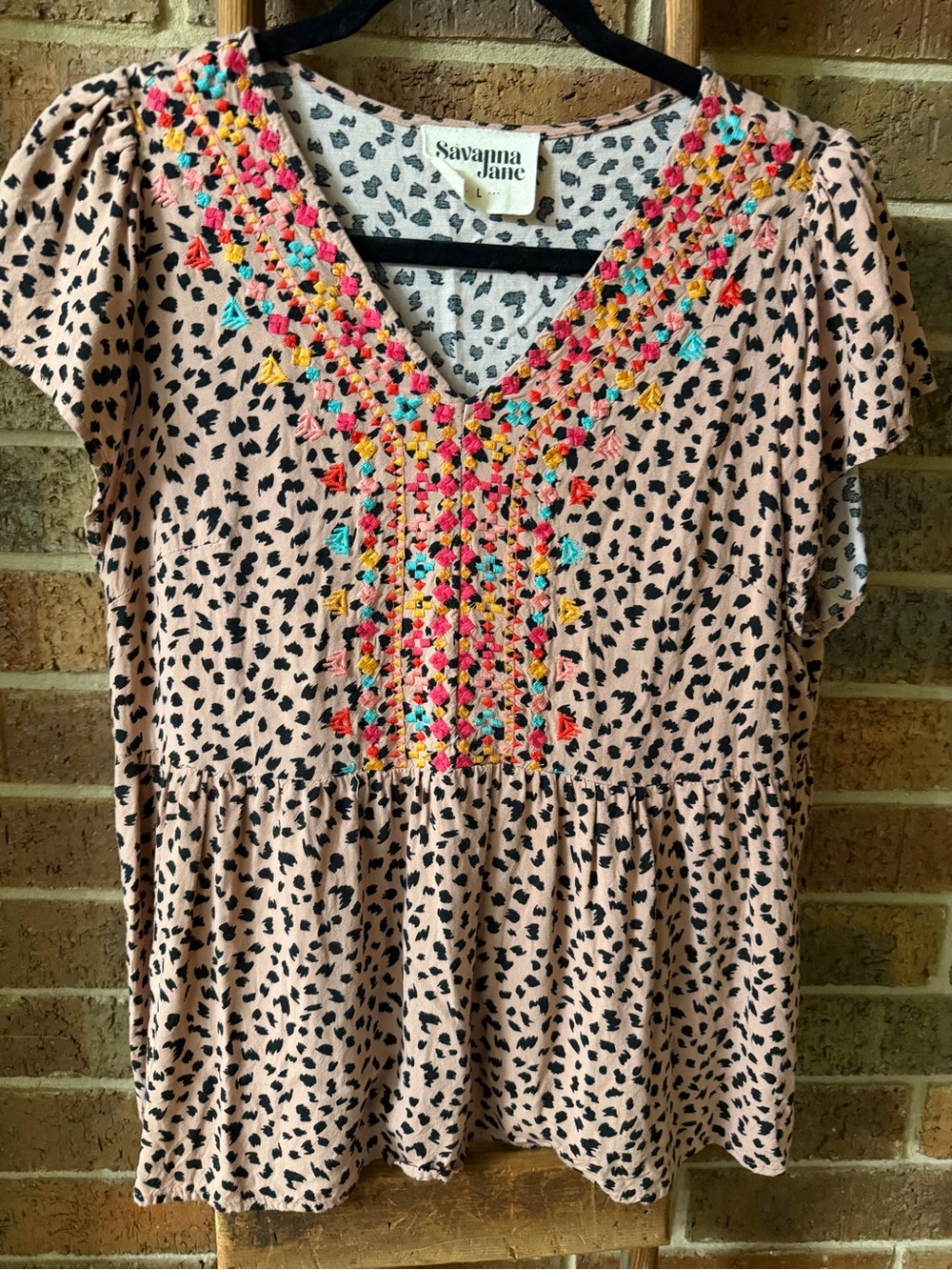 Savanna Jane Blush Pink V-Neck Blouse with Multicolor Embroidery & Cheetah Print